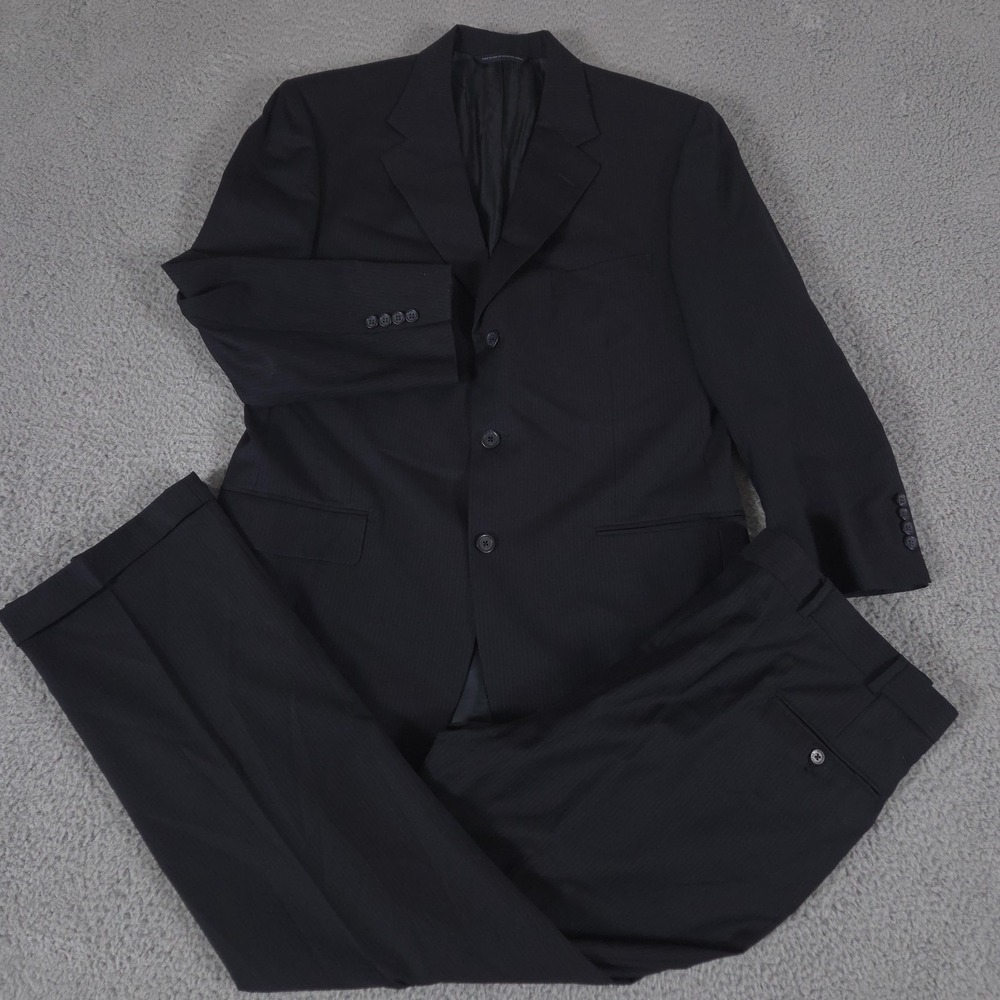 Brooks Brothers 2-Piece Suit Mens 42R Pants 38x32 Black Pinstripe Woolmark
